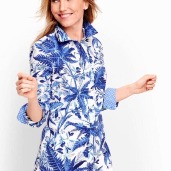 Talbots Cotton Blue & White Fern Print Button Down Shirt Polka Dot Cuff (Size S) - Picture 1 of 10